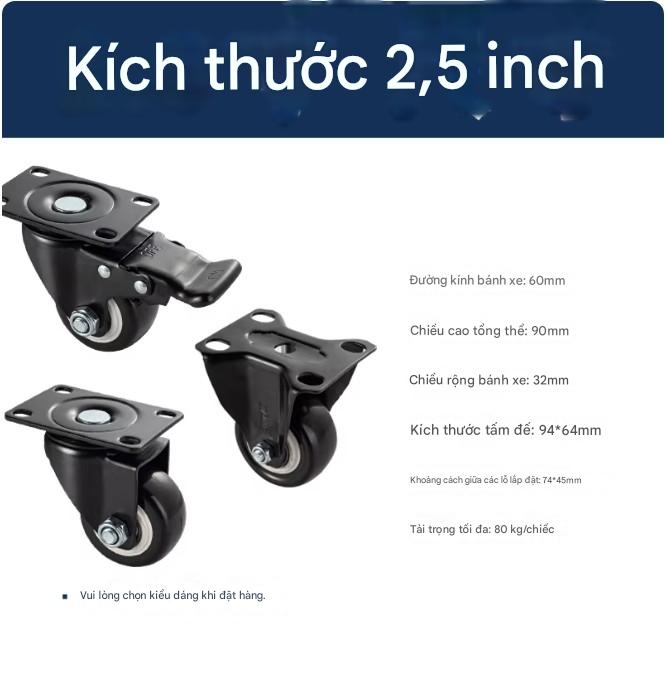 BÁNH XE ĐẨY CÓ PHANH – BÁNH XE NỘI THẤT PU CAO CẤP (1.5 / 2 / 2.5 / 3 / 4 INCH)