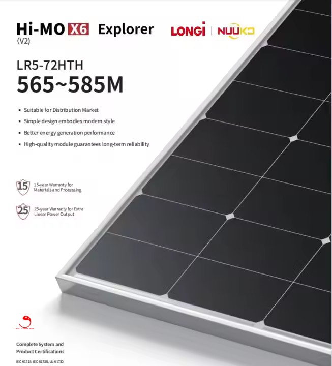 Tấm Pin mặt trời Longi 580W HiMO X6 LOẠI A 1 MẶT KÍNH TRÀN VIỀN HIỆU SUẤT CAO 2025
