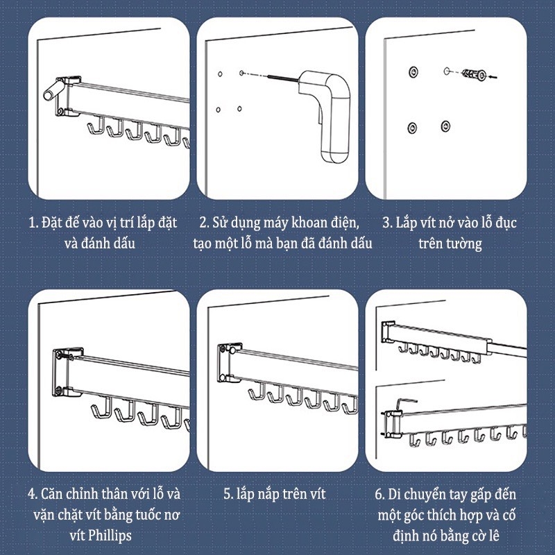 ĐAIVIETBIG Móc Phơi Đồ Vô Hình Gắn Tường Không Cần Khoan Có Thể Gấp Gọn