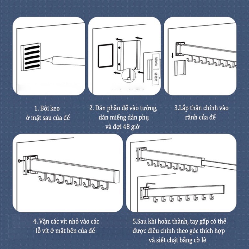ĐAIVIETBIG Móc Phơi Đồ Vô Hình Gắn Tường Không Cần Khoan Có Thể Gấp Gọn