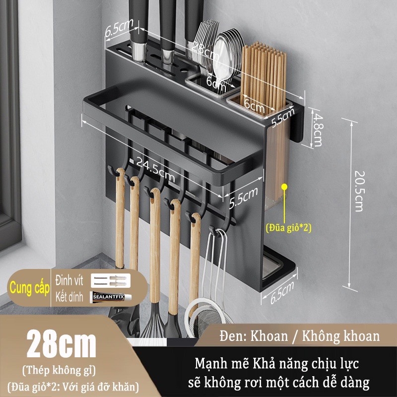 Giá giữ đồ dùng nhà bếp ĐAIVIETBIG gắn tường bằng thép không gỉ có móc treo không cần khoan lỗ dành cho dao muỗng đũa