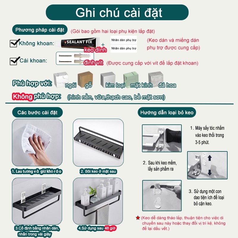 Kệ đựng đồ dùng treo tường gắn phòng tắm không cần lắp khoan lỗ tiện lợi
