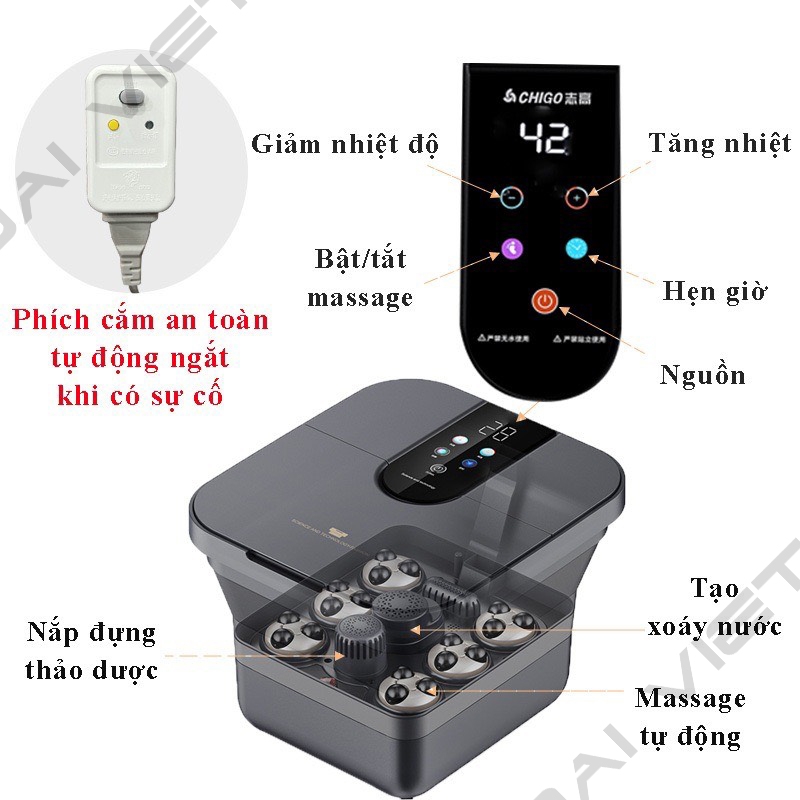 Máy ngâm chân massage Chigo, chân gấp gọn tự động làm nóng An Toàn