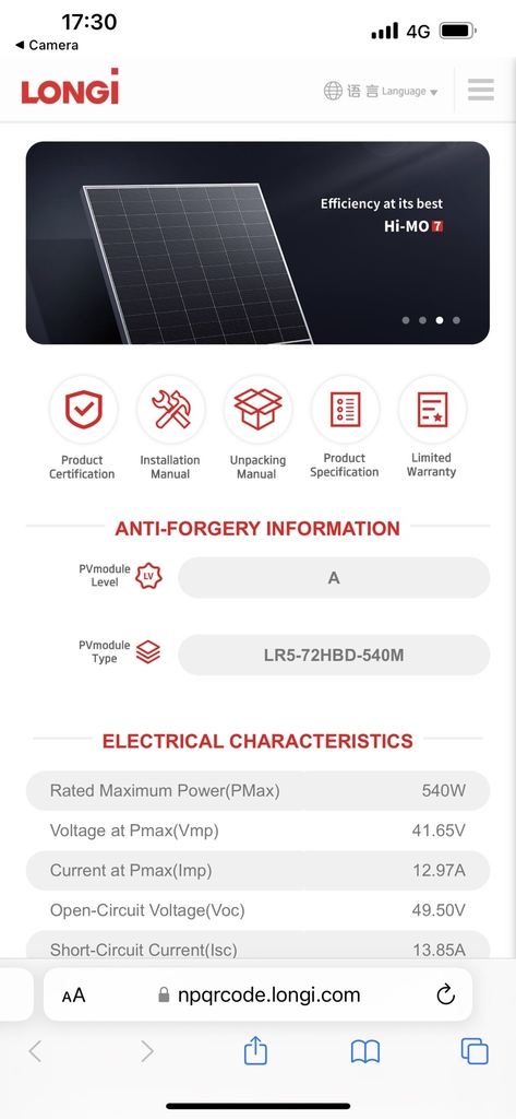 Tấm Pin mặt trời Longi 540w LOẠI A 2 mặt kính HIỆU SUẤT CAO 2025