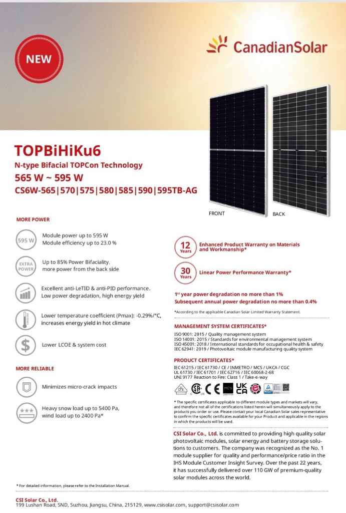 Tấm Pin CANADIAN 615W N-type LOẠI A 2 MẶT KÍNH 2025