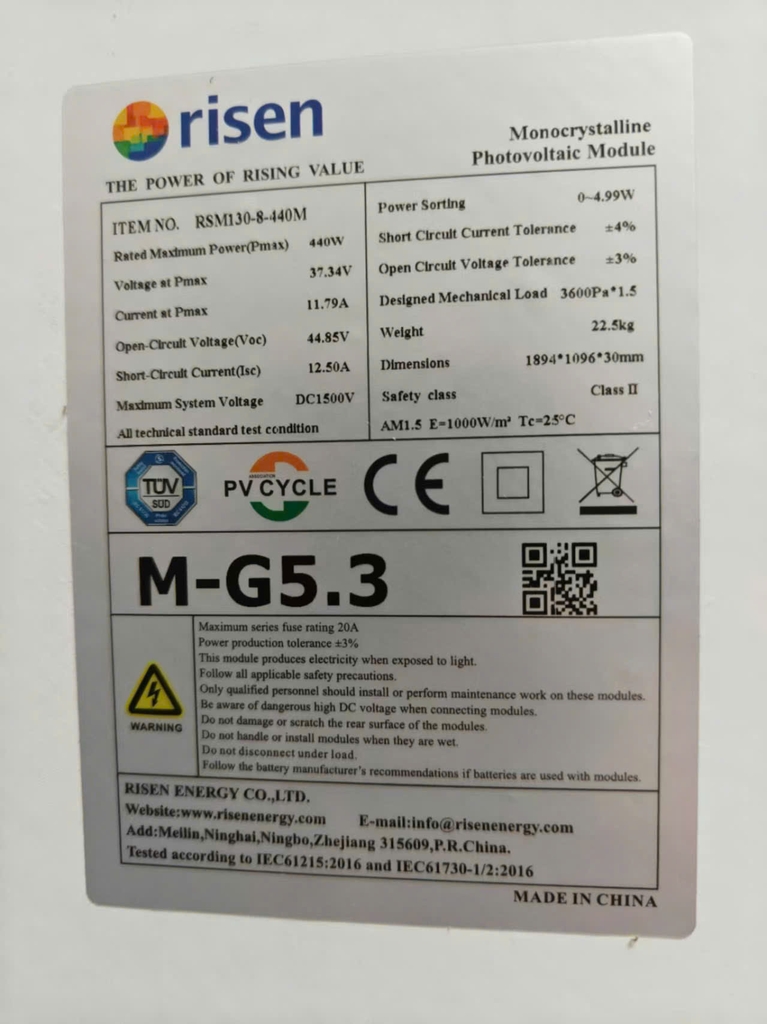 Tấm Pin mặt trời Risen 440W Loại A 1 MẶT KÍNH HIỆU SUẤT CAO 2025