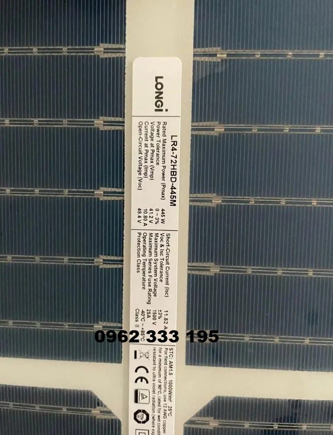 Tấm Pin mặt trời Longi 445w LOẠI A 2 mặt kính HIỆU SUẤT CAO 2025
