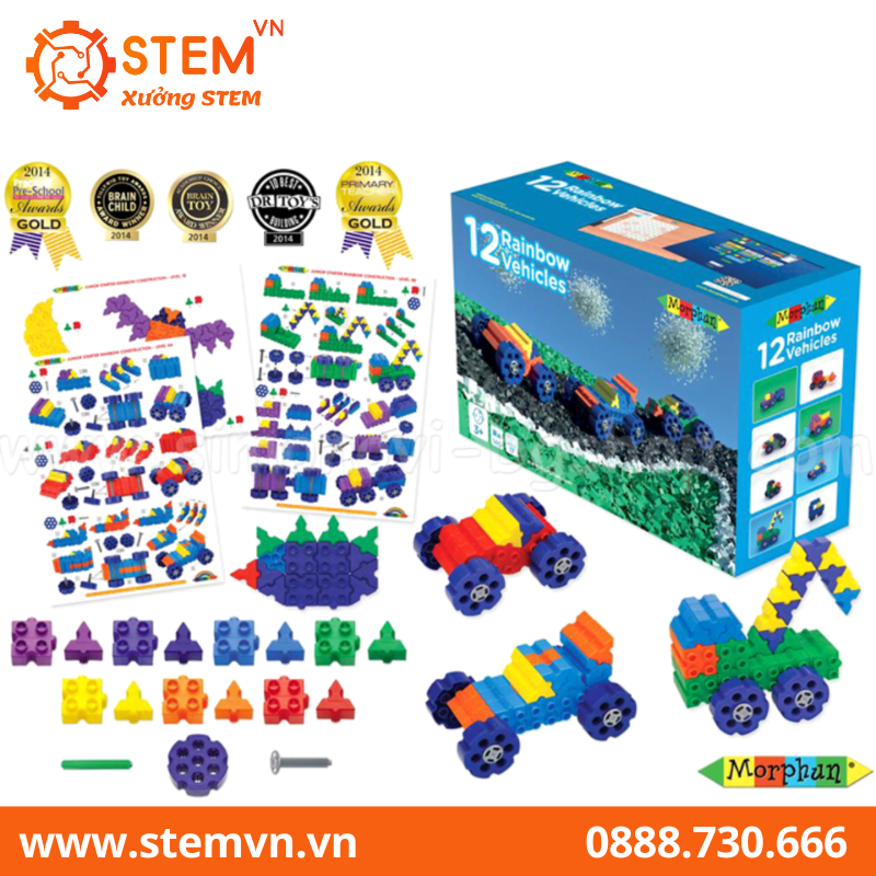 Đồ chơi lắp ráp 12 mô hình phương tiện sắc màu cầu vòng 140 pcs