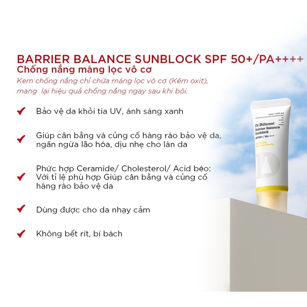 Kem Chống Nắng Nâng Tone Trắng Nhẹ Dr.Different Barrier Balance Sunblock SPF 50+/ PA++++