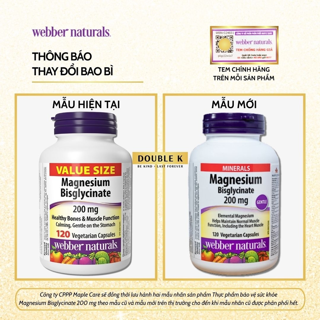Viên Uống bổ Sung Magie Webber Naturals Magnesium Bisglycinate 200mg