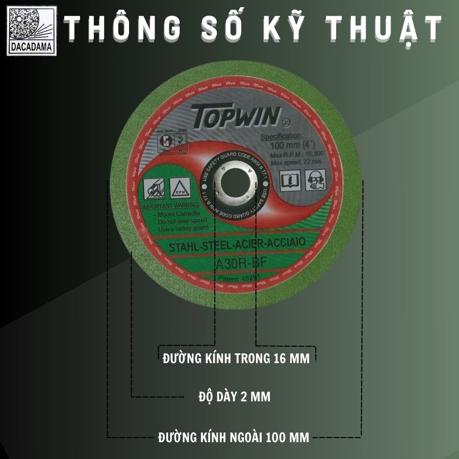 Đá cắt sắt TOPWIN NHẬP KHẨU 100 x 2 x 16mm