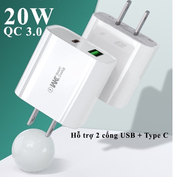 Bộ sạc nhanh, củ/cốc sạc WEKOME U53 PD 20W KÈM QC 3.0 SIÊU BỀN Cho 5/6/7/8/X/11/12/13/14 USB-C To ip