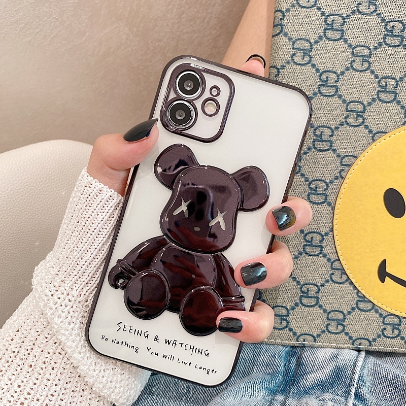 Ốp điện thoại trong suốt hình gấu họa tiết nổi 3D viền màu KOLEAD P44 iphone 15 14 13 12 11 Pro Promax