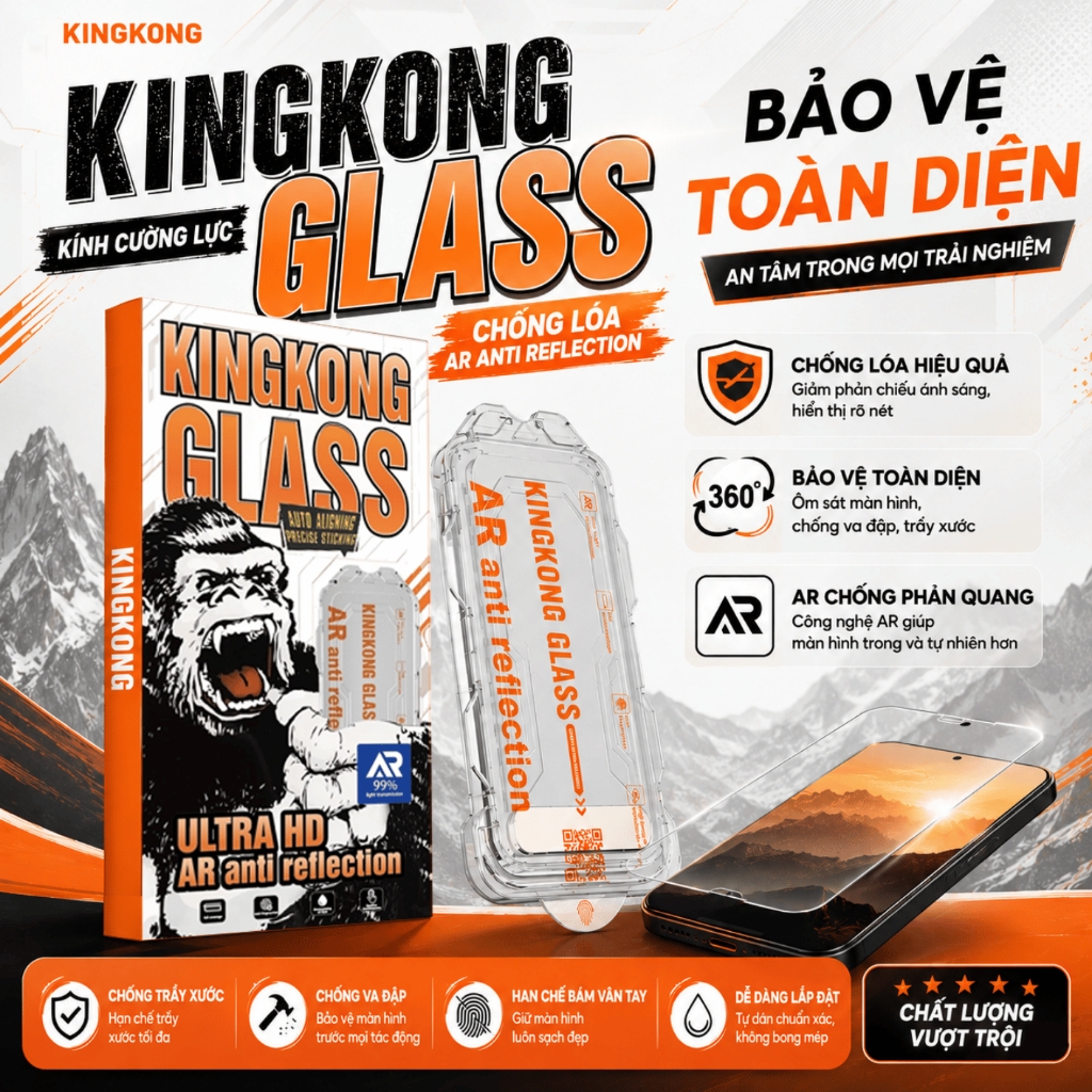[TỰ DÁN] Kính cường lực KINGKONG AR cao cấp trong suốt, chống chói lóa, viền siêu mỏng iph 13 14 15 16 17 18 pro promax