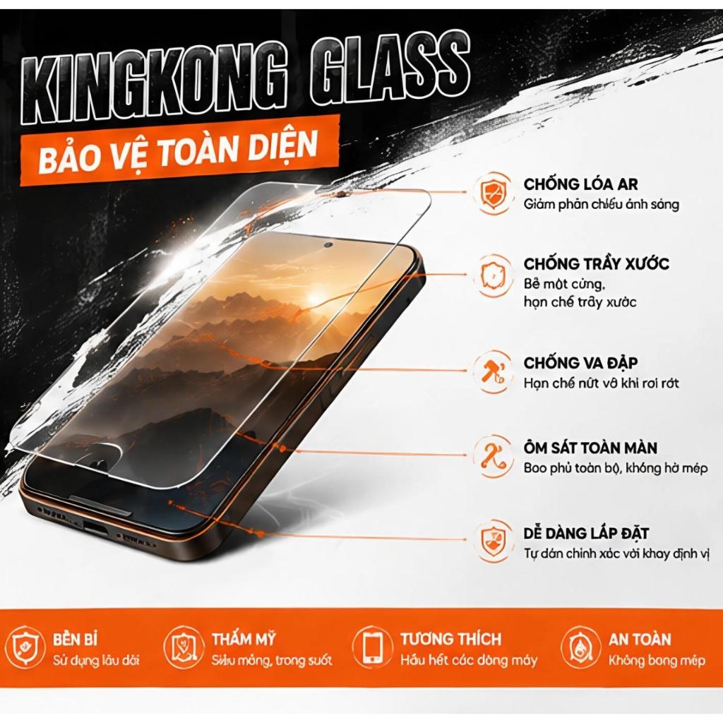 [TỰ DÁN] Kính cường lực KINGKONG AR cao cấp trong suốt, chống chói lóa, viền siêu mỏng iph 13 14 15 16 17 18 pro promax