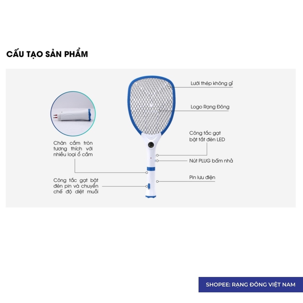 Vợt bắt muỗi điện tử Rạng Đông RD02 2IN1 bắt côn trùng, có đèn báo sạc pin- Tích hợp tay cầm có thể tháo rời làm đèn pin