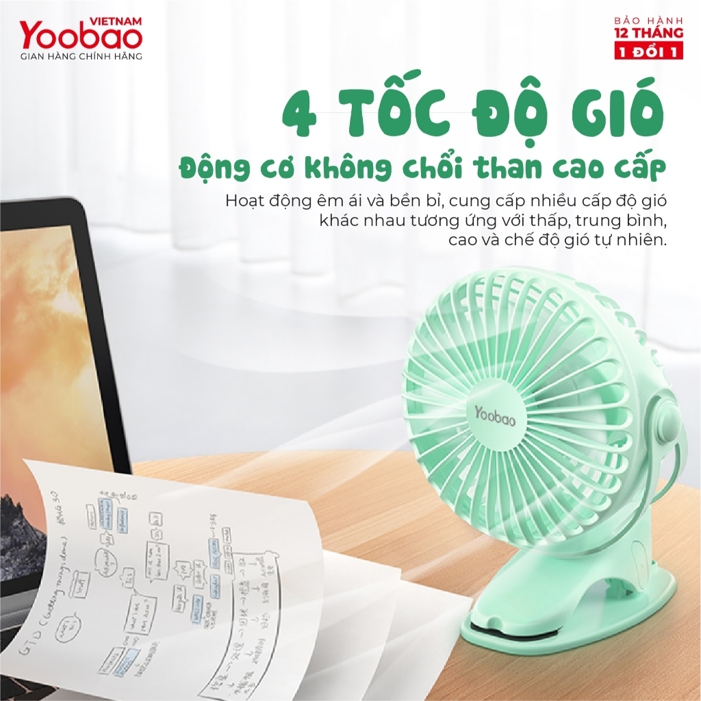[8000mAh] Quạt kẹp tích điện 3in1 YOOBAO F8 dung lượng pin 8000mAh tích hợp đèn led, sạc dự phòng- bảo hành chính hãng