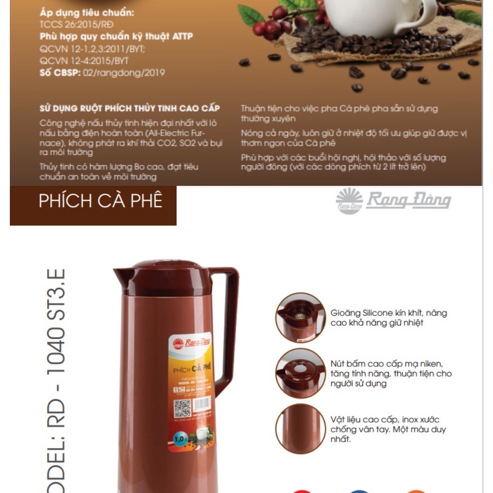 Phích Đựng Nước ,Cafe RẠNG ĐÔNG 1L RD-1040 ST3.E Nút Bấm , Giữ nóng 12h - Giữ lạnh 24h Ruột Thủy Tinh Cao Cấp