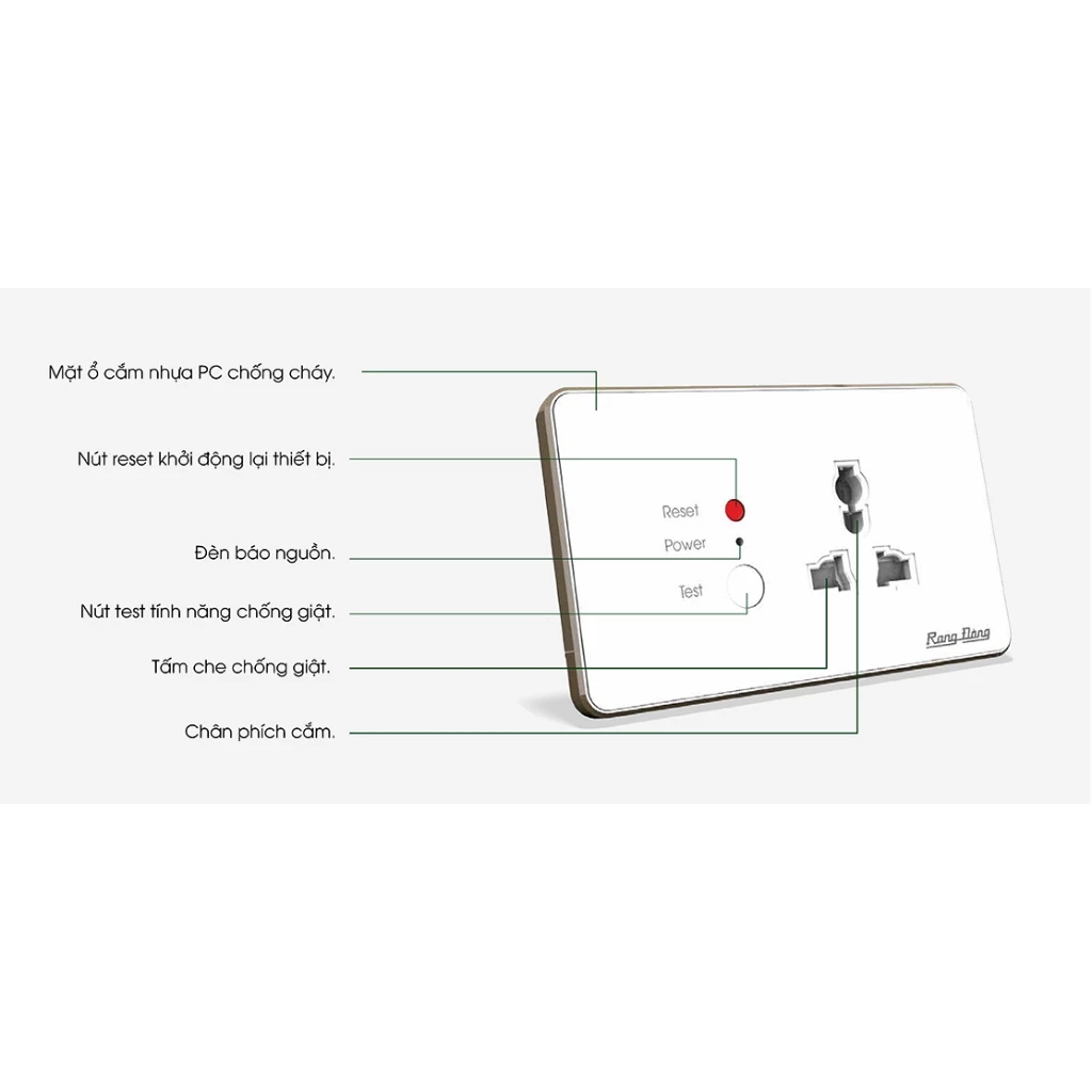 Ổ cắm âm tường chống giật Rạng Đông OCAT01 1C/16A , tự động ngắt khi bị điện giật an toàn tuyệt đối khi sử dụng.