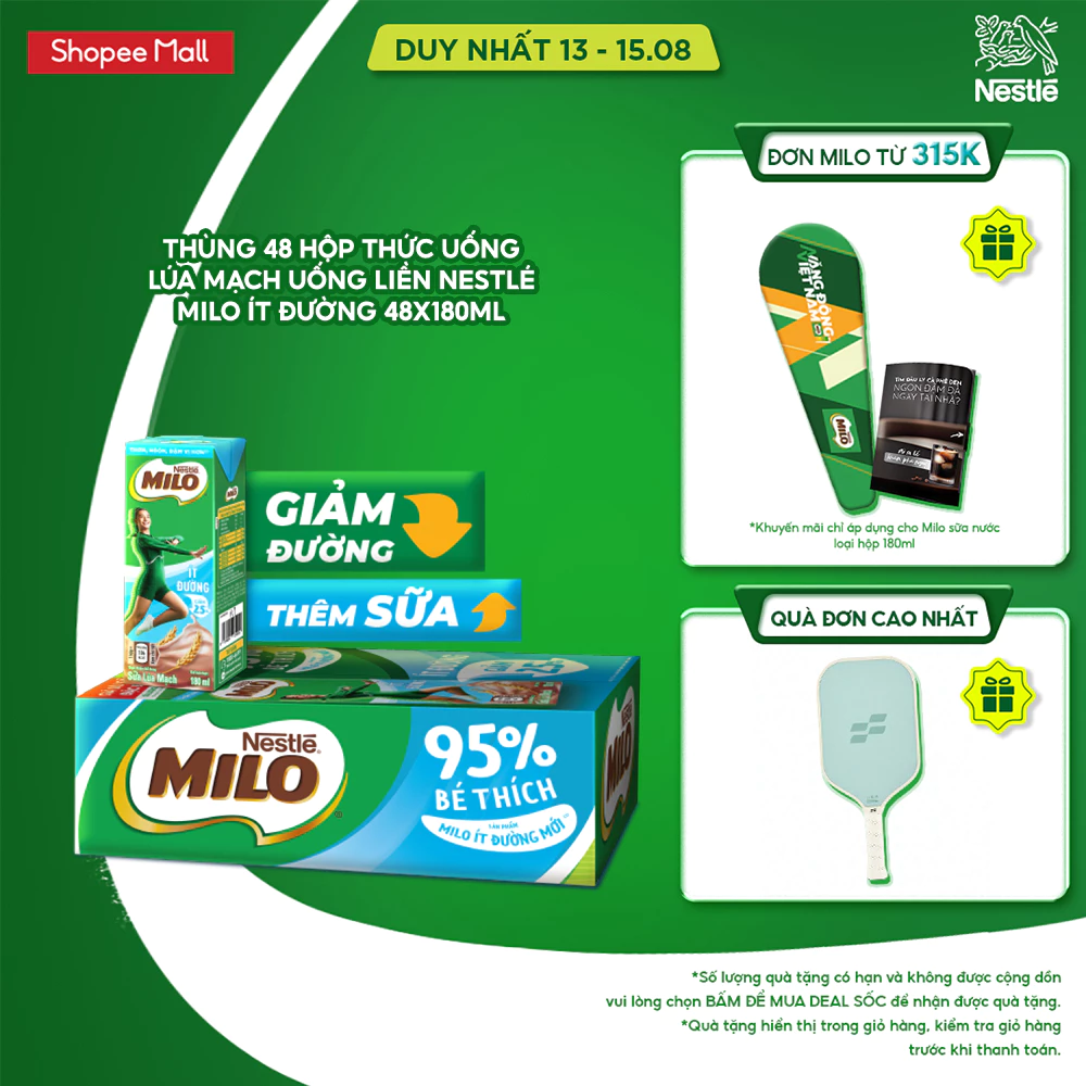 Thùng 48 hộp thức uống lúa mạch uống liền Nestlé MILO ít đường 48x180ml