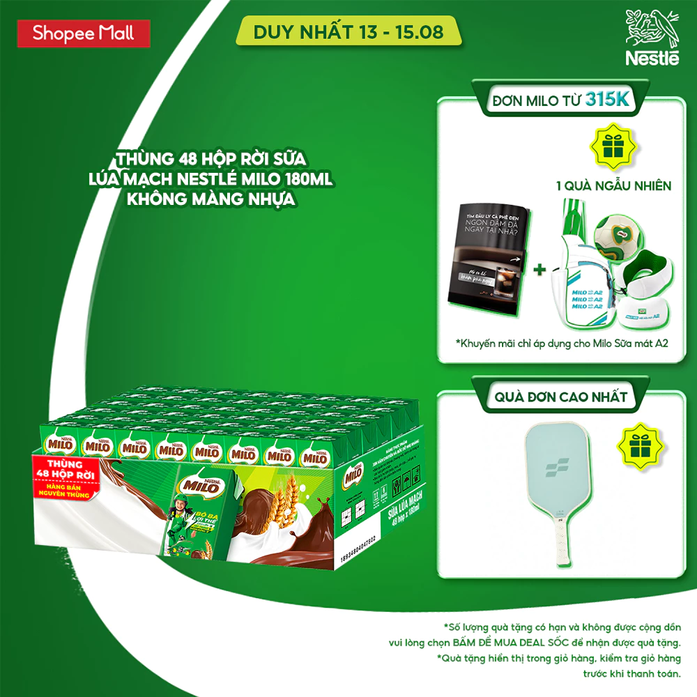 Thùng 48 hộp sữa lúa mạch Nestlé MILO rời x 180ml không màng nhựa (48x180ml)