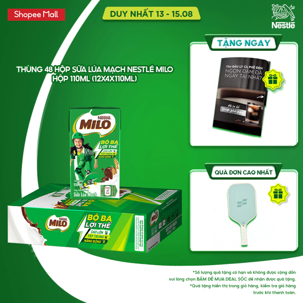 Thùng 48 hộp sữa lúa mạch Nestlé MILO x 110ml (12x4x110ml)