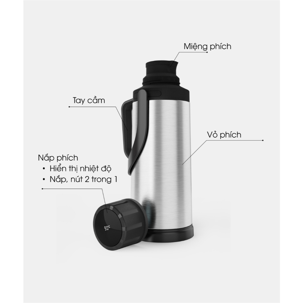 Phích nước giữ nhiệt Rạng Đông RD-2035 ST2.E dung tích 2 lít trang bị nắp phích hiển thị nhiệt độ thông minh
