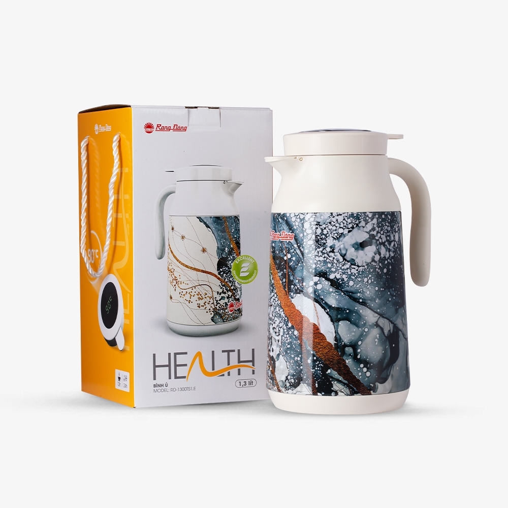 Bình ủ Rạng Đông 1300TS2.E dung tích 1.3 lít hiển thị nhiệt độ trên nắp bình, thiết kế miệng rộng tiện lợi