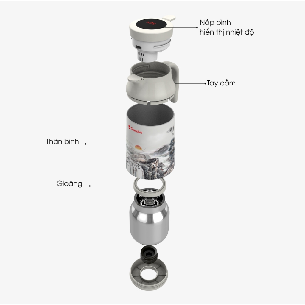 Bình ủ Rạng Đông 1300TS2.E dung tích 1.3 lít hiển thị nhiệt độ trên nắp bình, thiết kế miệng rộng tiện lợi