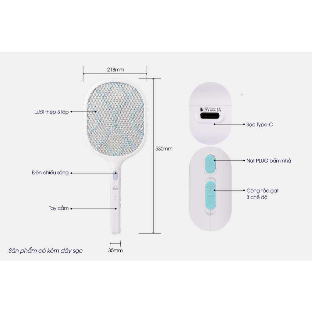 Vợt bắt muỗi điện tử Rạng Đông RD06 2IN1 bắt côn trùng, có đèn báo sạc pin, lưới vợt thiết kế 3 lớp tiêu diệt muỗi nhanh