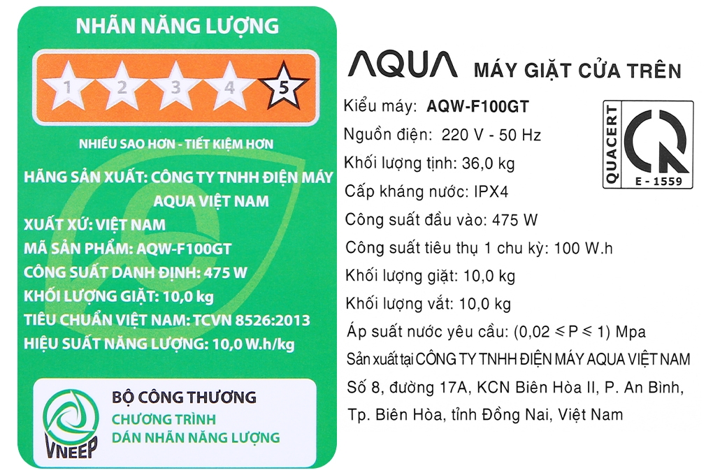 Máy giặt Aqua 10 KG AQW-F100GT.BK