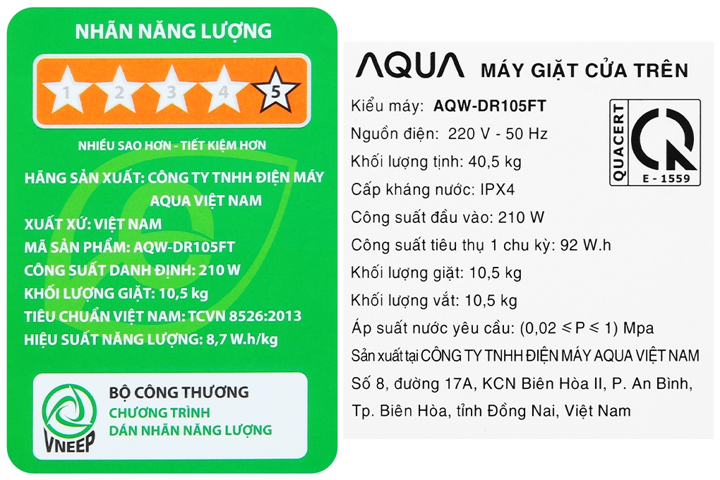 Máy giặt Aqua Inverter 10.5 KG AQW-DR105FT BK