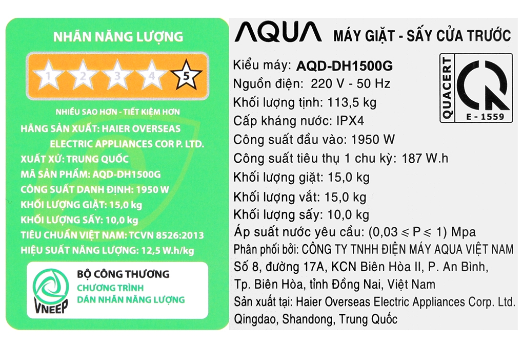 Máy giặt sấy Aqua Inverter 15 Kg AQD-DH1500G PP