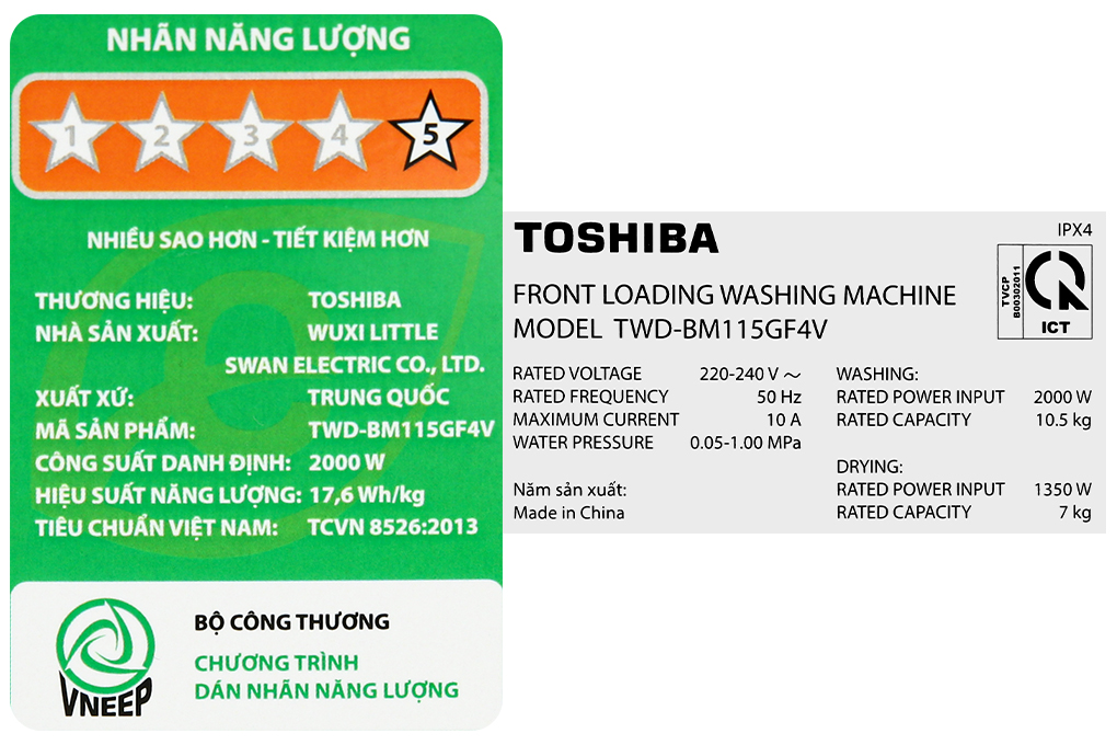 Máy giặt sấy Toshiba Inverter 10.5 kg TWD-BM115GF4V(SK)