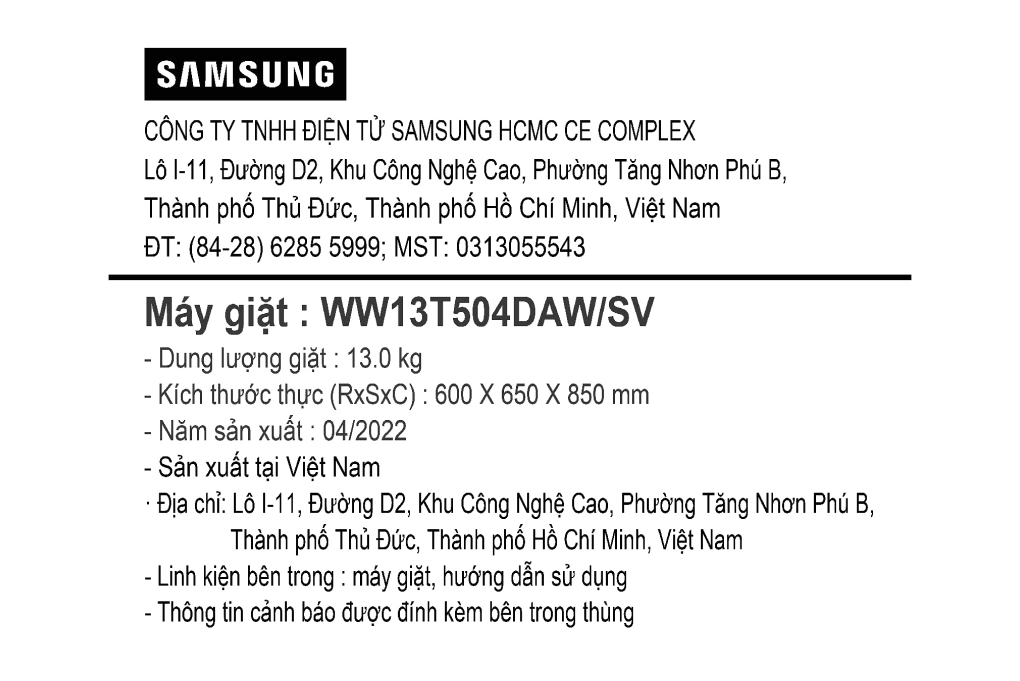 Máy giặt Samsung Inverter 13 kg WW13T504DAW/SV