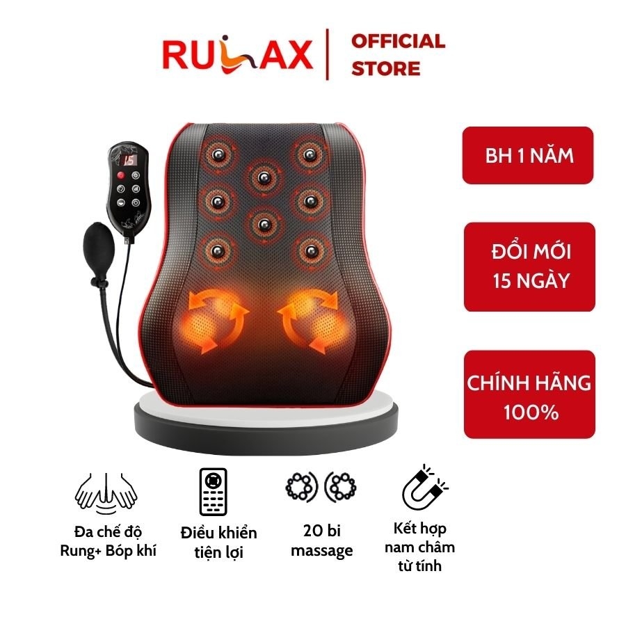 Gối Massage Cổ Vai Gáy Hồng Ngoại RULAX RL19 Plus Bản Nâng Cấp Kết Hợp 2 Động Cơ Rung, Nam Châm Trị Liệu Và Khí Nén