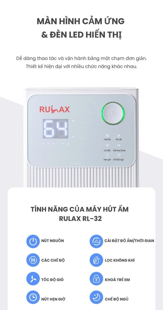 Máy Hút Ẩm RULAX RL- Công Nghệ Máy Nén Hút 24L/Ngày, Khử Ẩm Sấy Khô Quần Áo Kết Nối WIFI - BH 24 Tháng