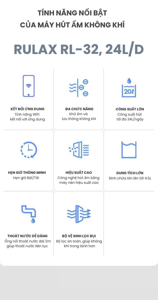 Máy Hút Ẩm RULAX RL- Công Nghệ Máy Nén Hút 24L/Ngày, Khử Ẩm Sấy Khô Quần Áo Kết Nối WIFI - BH 24 Tháng