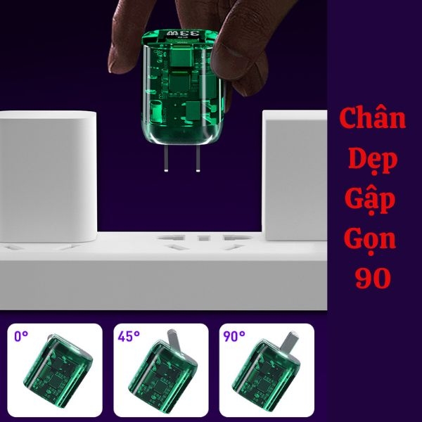 Bộ Sạc Nhanh 33W PD 2 Cổng Gấp Gọn  + Quick Charge 3.0 Dùng cho Samsung + Báo Mi Charge Turbo Cho Dòng Xiaomi