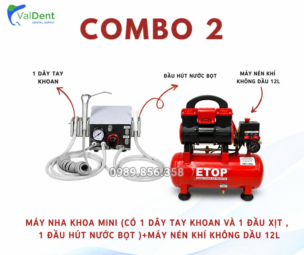 Combo : Máy nha khoa mini + Máy nén khí không dầu 12L + Tay khoan nhanh + Tay Khoan Chậm