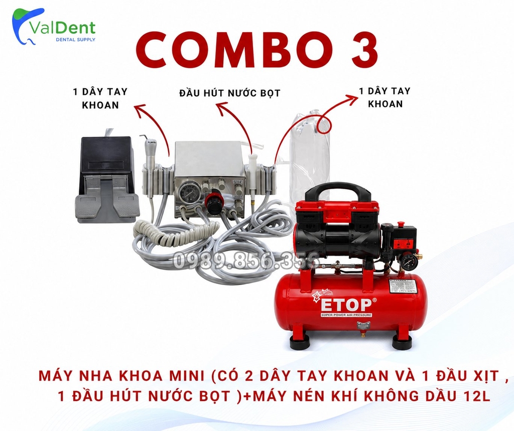 Combo : Máy nha khoa mini + Máy nén khí không dầu 12L + Tay khoan nhanh + Tay Khoan Chậm