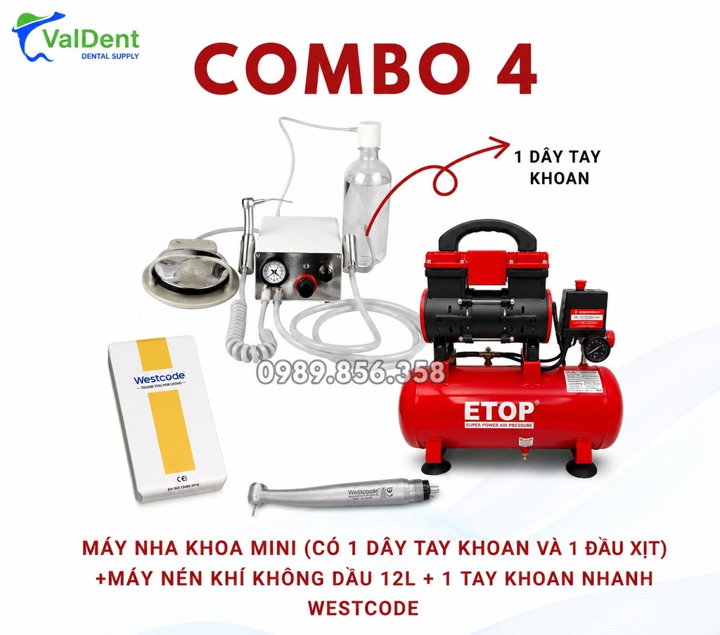 Combo : Máy nha khoa mini + Máy nén khí không dầu 12L + Tay khoan nhanh + Tay Khoan Chậm