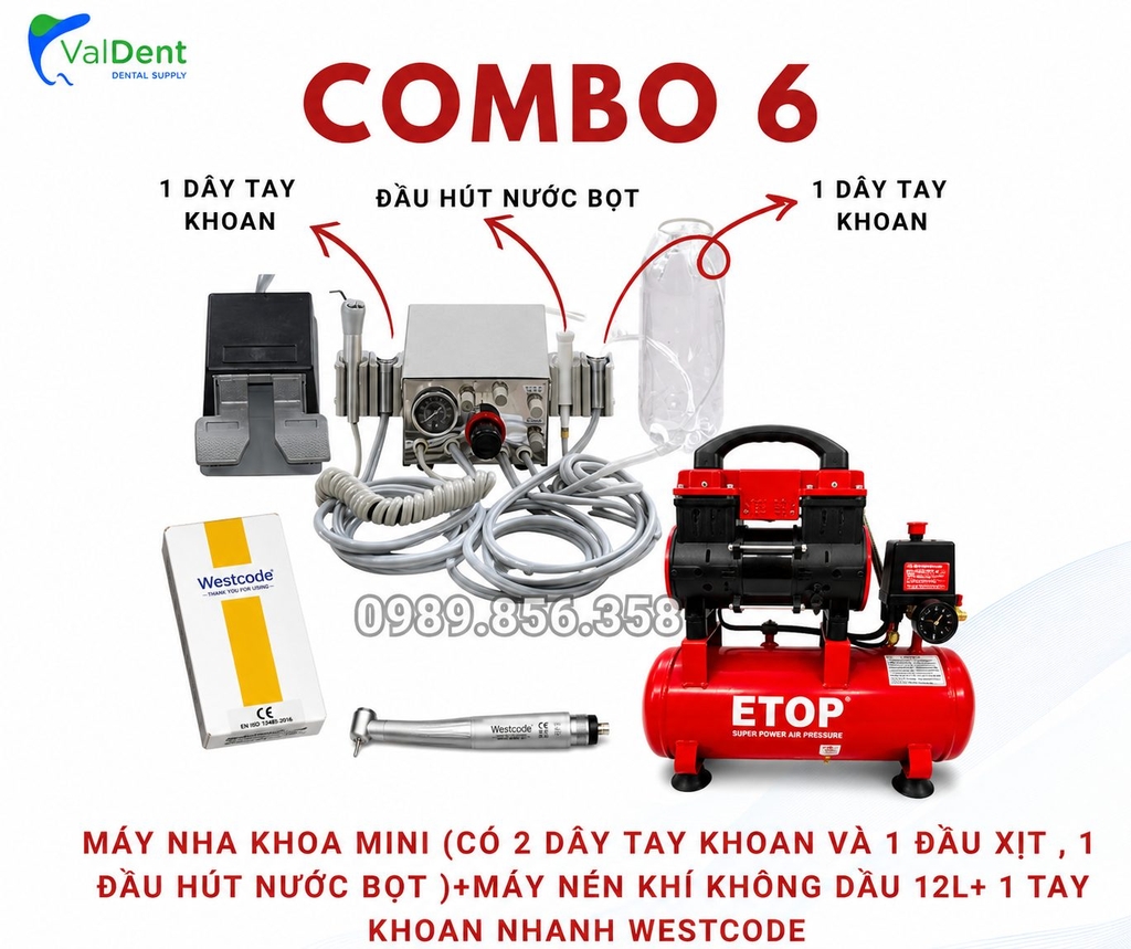 Combo : Máy nha khoa mini + Máy nén khí không dầu 12L + Tay khoan nhanh + Tay Khoan Chậm