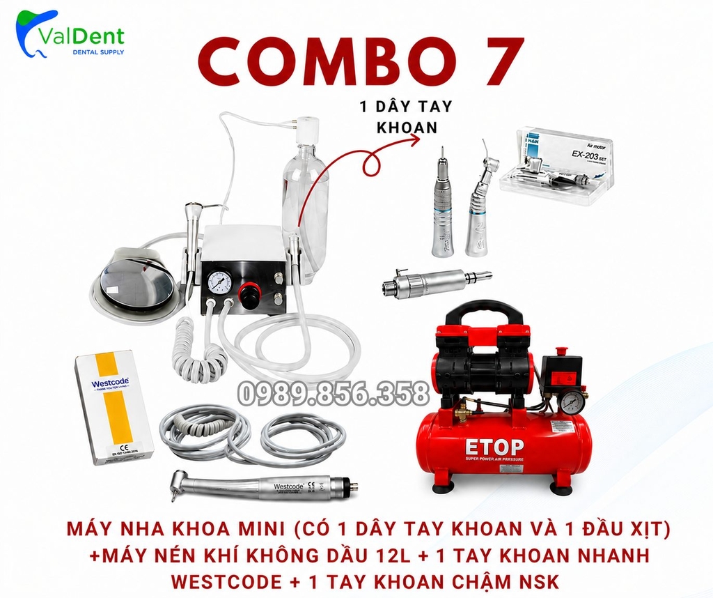 Combo : Máy nha khoa mini + Máy nén khí không dầu 12L + Tay khoan nhanh + Tay Khoan Chậm
