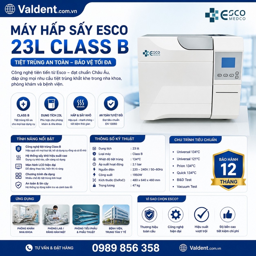 Nồi hấp sấy tiệt trùn Esco 23L - Class B (Tặng 1 máy chưng cất nước-đã gồm VAT 5%)