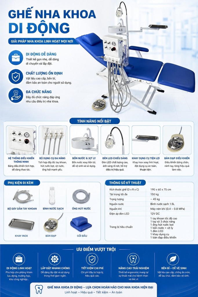 Combo 2: Ghế nha khoa di động gấp gọn + Máy nha khoa mini (Bộ dụng cụ)