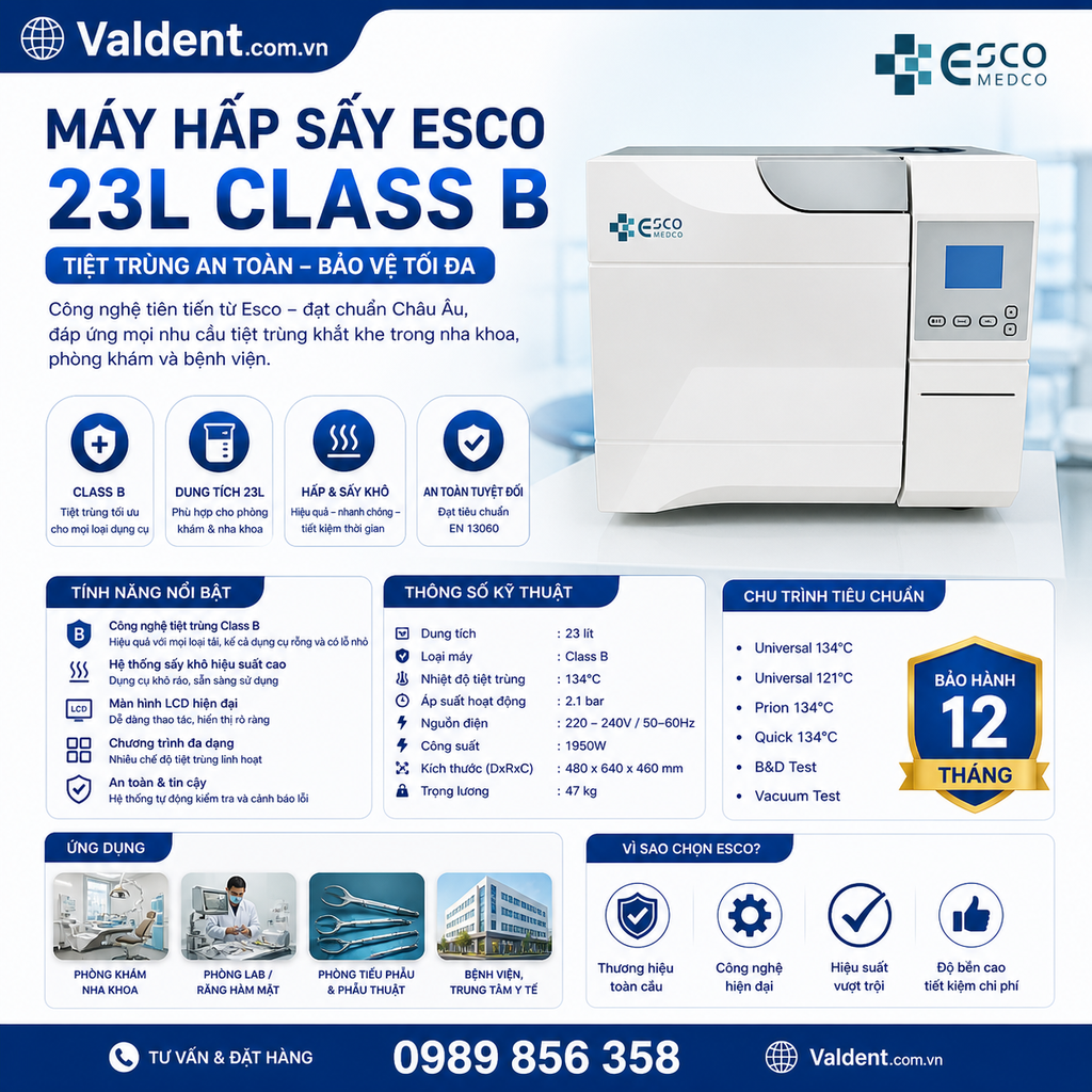 Nồi hấp sấy tiệt trùng Esco 23L Class B + Tặng máy chưng nước cất [ TBYT Loại C+Gồm VAT]