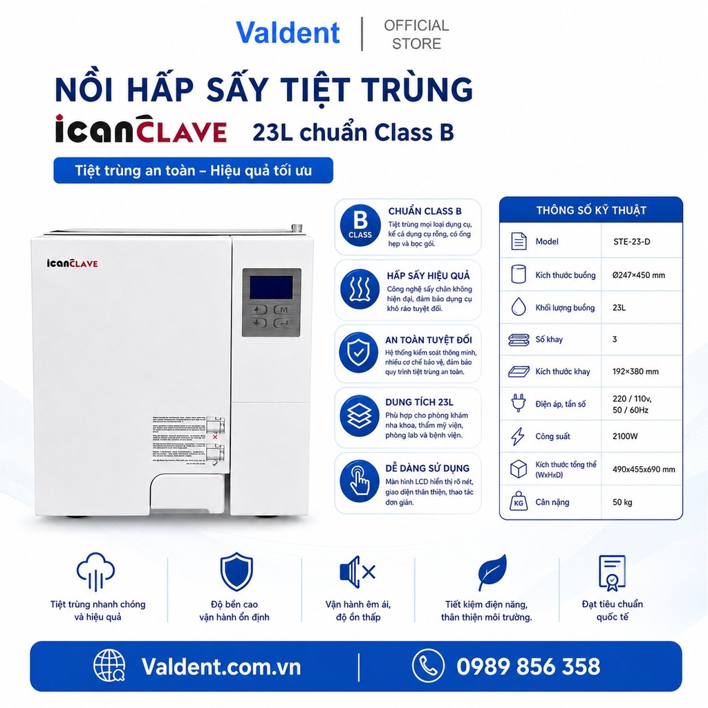Nồi hấp sấy tiệt trùng IcanClave 23L Class B + Tặng máy chưng nước cất [TBYT Loại C-Gồm VAT]