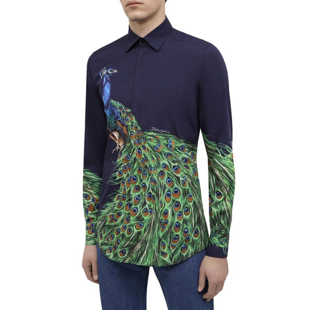 Dolce & Gabbana Men's Blue Peacock-Print Cotton Gold-Fit Shirt Đông Vũ  Authentic