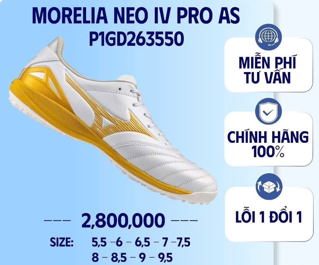Giày Bóng Đá Mizuno Morelia Neo IV Pro TF Bright Gold P1GD263550
